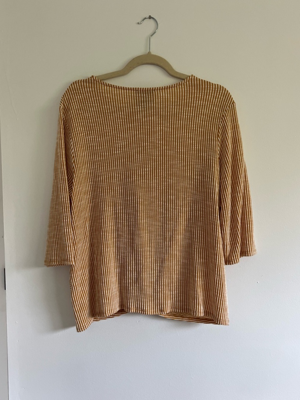 W5 Anthropologie Mustard Yellow White Striped Twist-Front 3/4 Sleeve Top - Picture 6 of 6